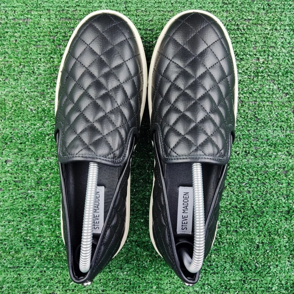 Steve Madden Sneakers Womens 10 Black Ecentrcq Quilted Slip On Faux Leather Shoe